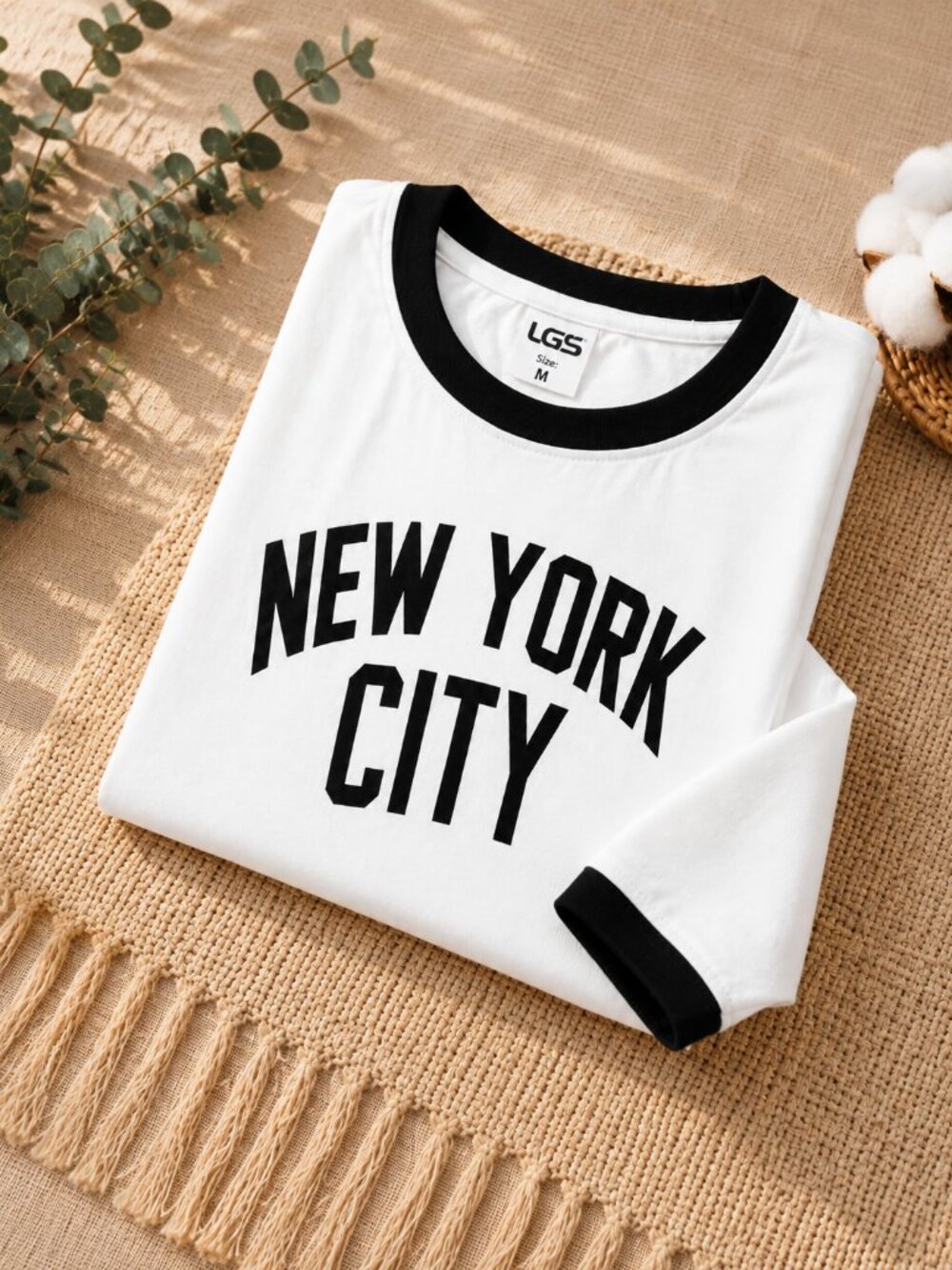 Men's New York City White Ringer T-Shirt Black Trim Graphic Crew Neck Tee S-XL